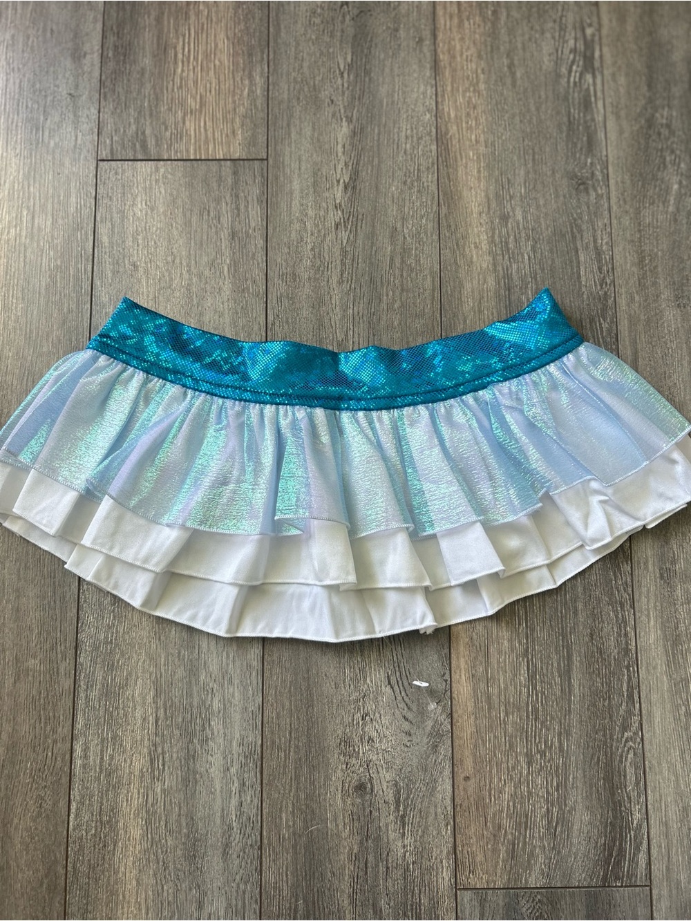 iHeartRaves Teal and White Iridescent Tiered Ruffle Skirt